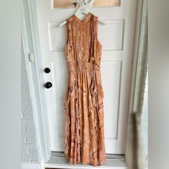 New Anthropologie BHLDN High-Neck A-Line Chiffon Floral Orange Brown Gown - Picture 3 of 9